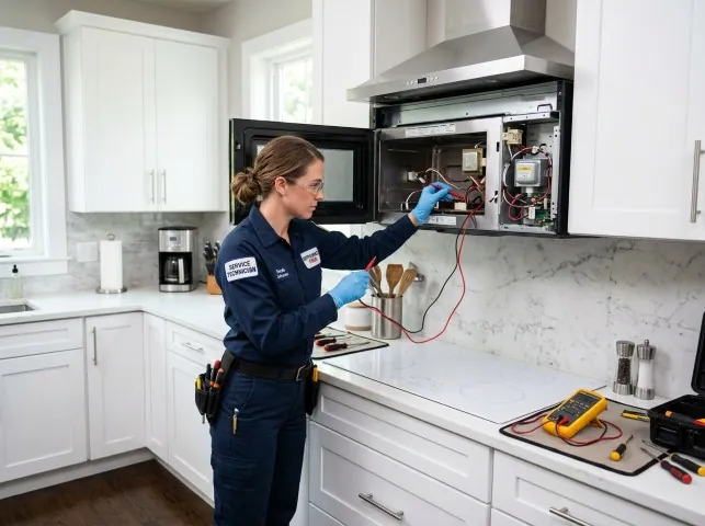 Appliance Repair Hero technician testing an over-the-range microwave in a Annapolis Junction, MD kitchen